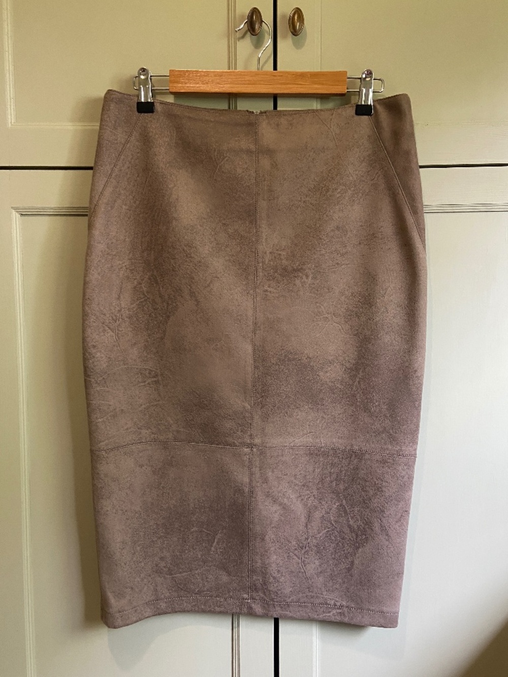 Faux suede midi skirt, light taupe pencil skirt with seam detailing